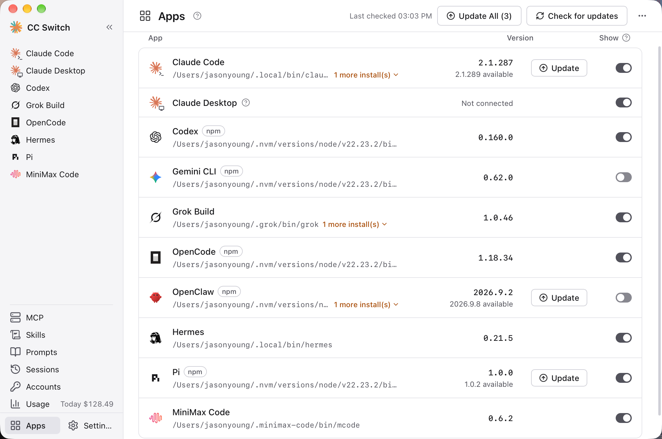 Apps page: versions, installation, and upgrades for every AI coding tool in one place