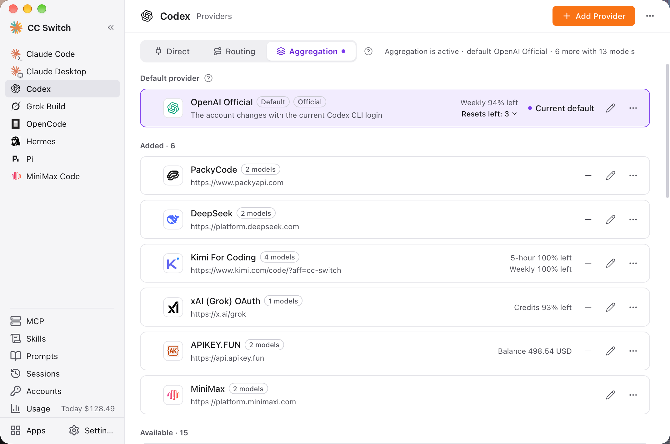 Aggregation mode: one default provider plus several added providers